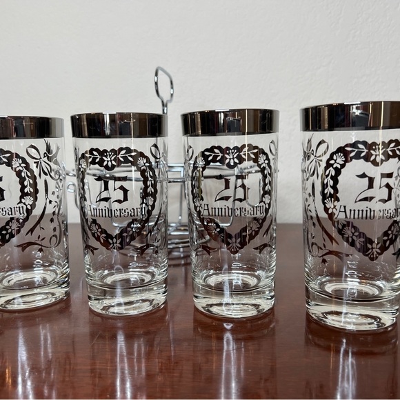 Vintage 25th Anniversay Silver Tone Tumbler & Coasters Set & Caddy 9 Piece Set - Picture 6 of 16